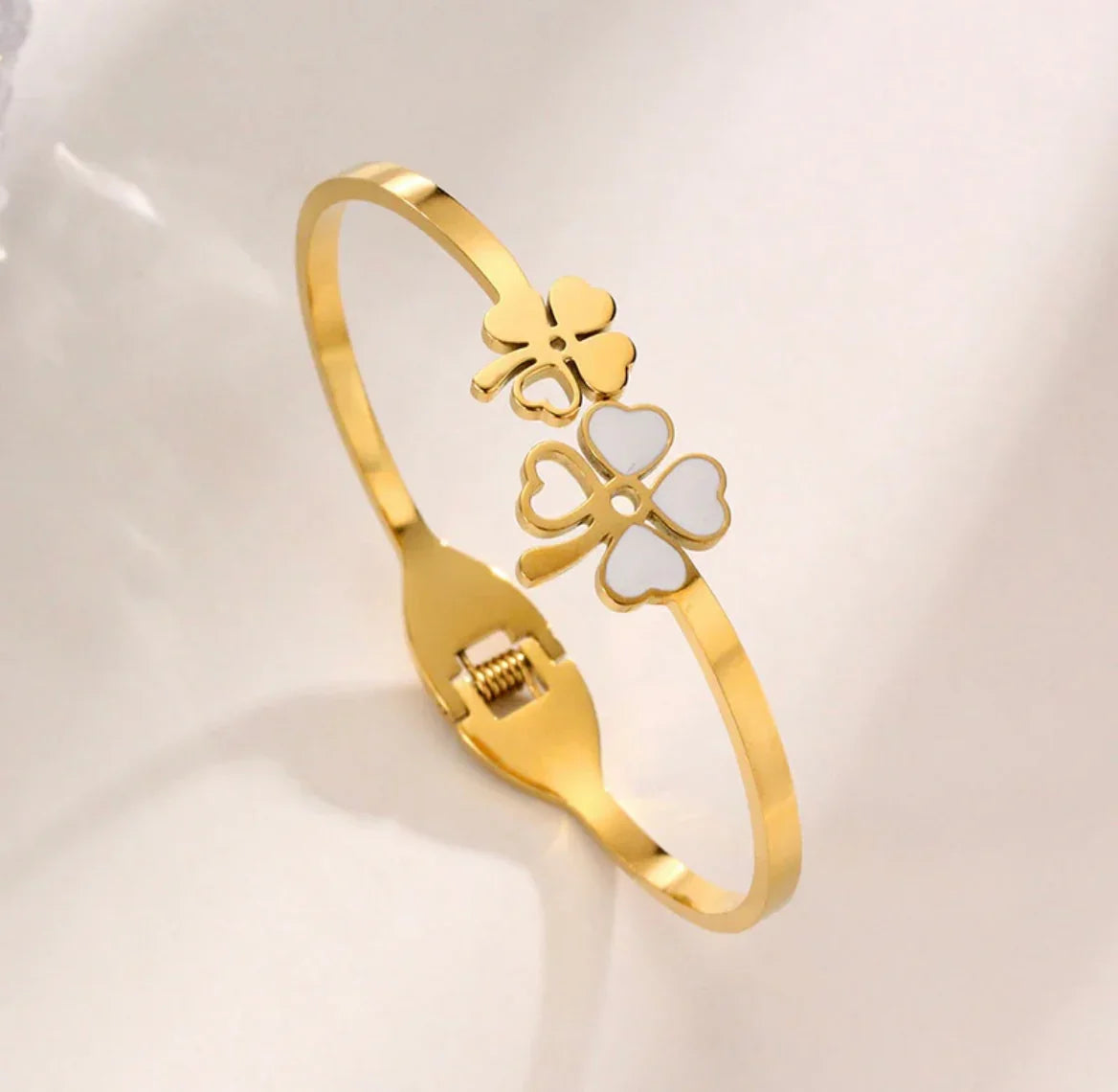 Stainless Steel Gold Plated Mother of Pearls Dual Flower Openable Floral Anti-Tarnish Bracelet For Women