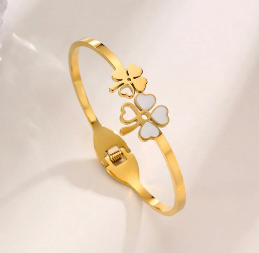 Stainless Steel Gold Plated Mother of Pearls Dual Flower Openable Floral Anti-Tarnish Bracelet For Women