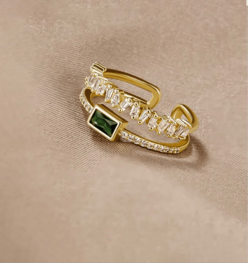 Gold Plated Stainless Steel Anti Tarnish Green Emerald Studded Adjustable Finger Ring - ELL DESIGNS