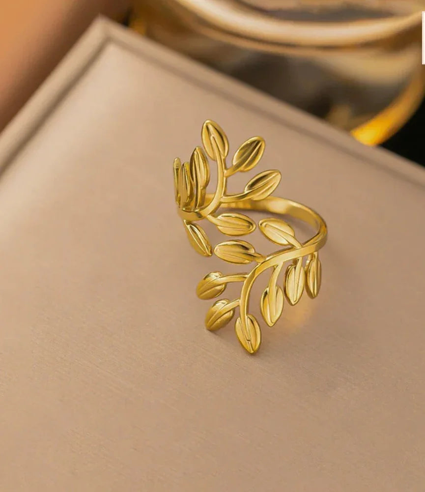 Gold Plated Anti Tarnish Stainless Steel Leaf Themed Adjustable Finger Ring - ELL DESIGNS