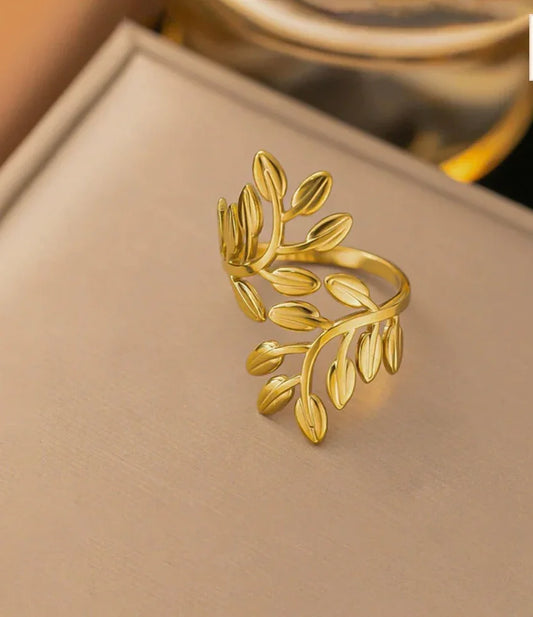 Gold Plated Anti Tarnish Stainless Steel Leaf Themed Adjustable Finger Ring - ELL DESIGNS