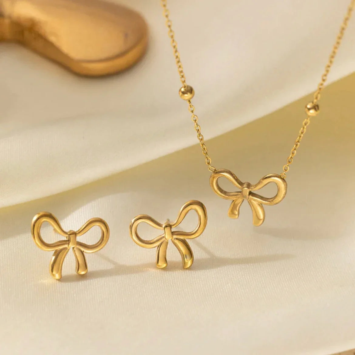Gold Plated Anti Tarnish Bow Themed Jewellery Set - ELL DESIGNS
