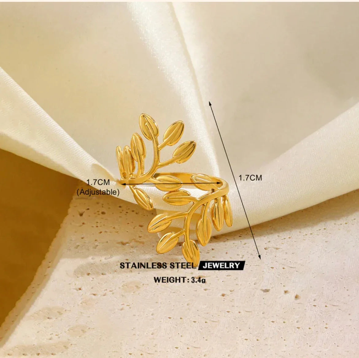 Gold Plated Anti Tarnish Stainless Steel Leaf Themed Adjustable Finger Ring - ELL DESIGNS
