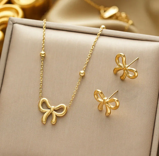 Gold Plated Anti Tarnish Bow Themed Jewellery Set - ELL DESIGNS