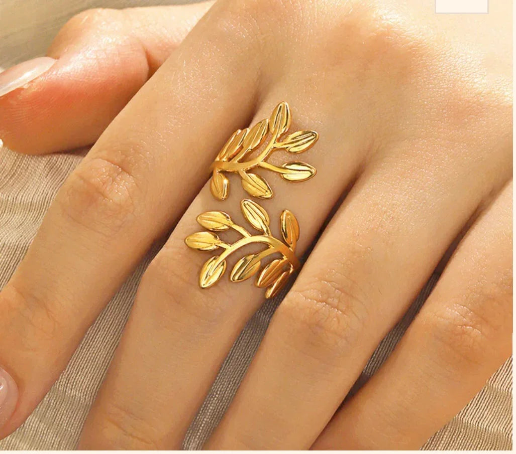 Gold Plated Anti Tarnish Stainless Steel Leaf Themed Adjustable Finger Ring - ELL DESIGNS