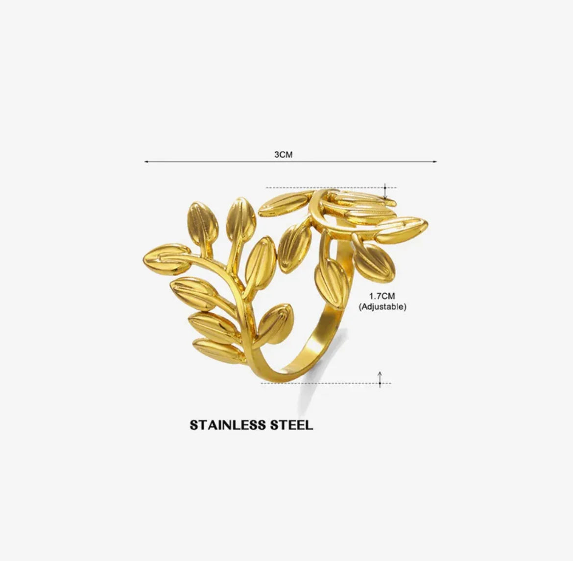 Gold Plated Anti Tarnish Stainless Steel Leaf Themed Adjustable Finger Ring - ELL DESIGNS