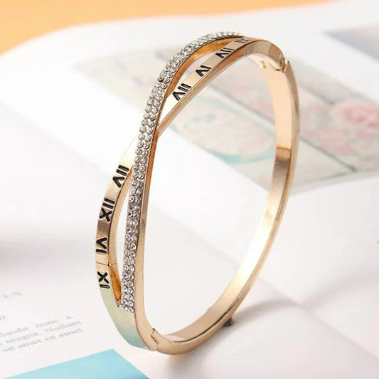 Gold Plated Roman Numbers engraved Stone Studded Korean Bracelet For Women and Girls - ELL DESIGNS