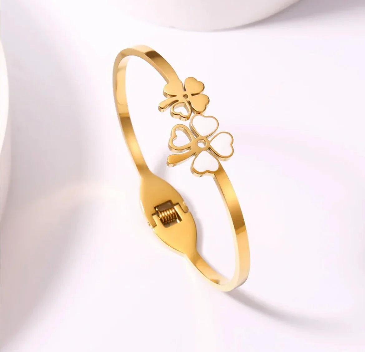 Stainless Steel Gold Plated Mother of Pearls Dual Flower Openable Floral Anti-Tarnish Bracelet For Women