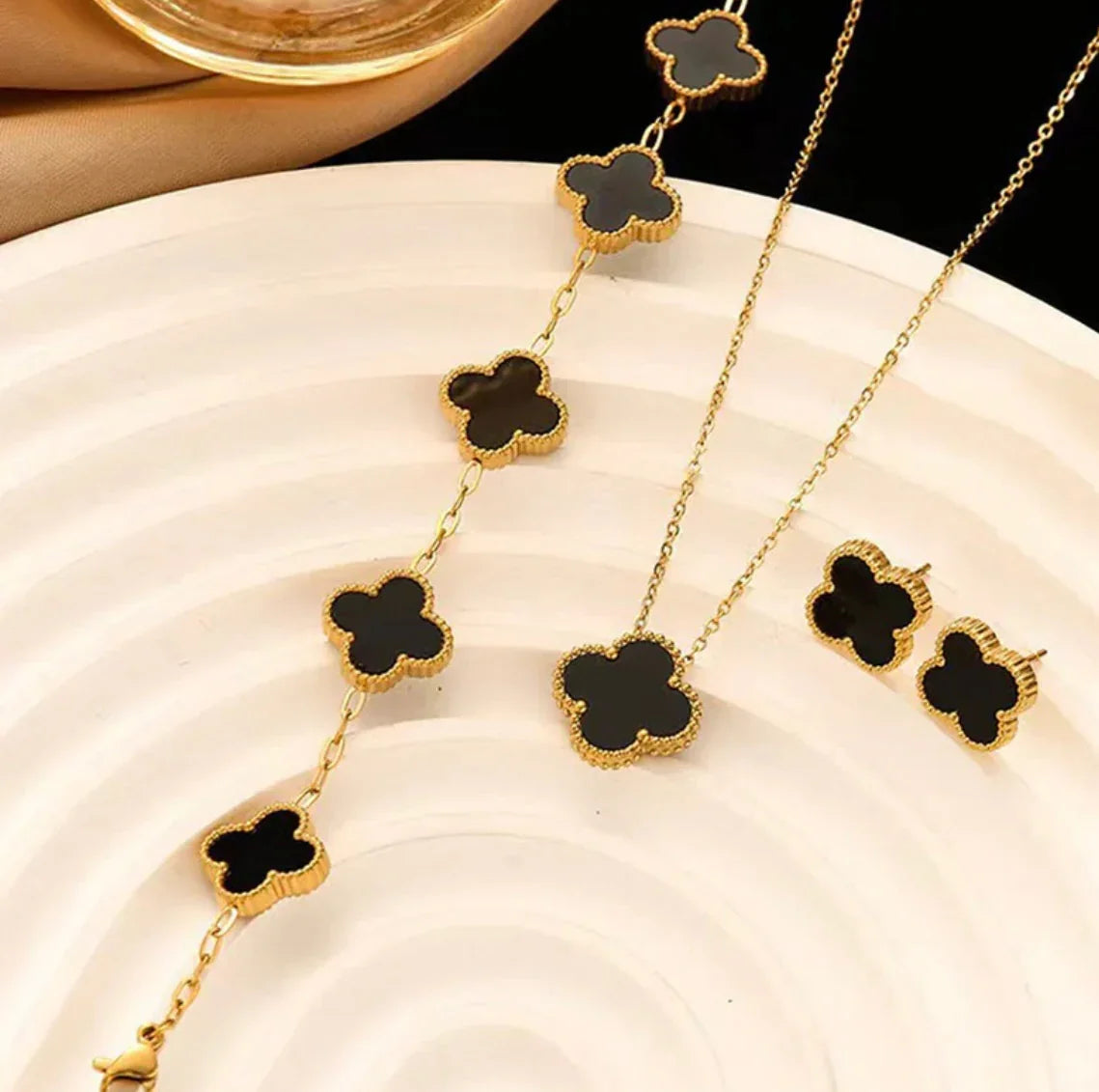 Stainless Steel Gold Plated Set Of Black Anti Tarnish Clover Jewellery Set For Girls And Women - ELL DESIGNS
