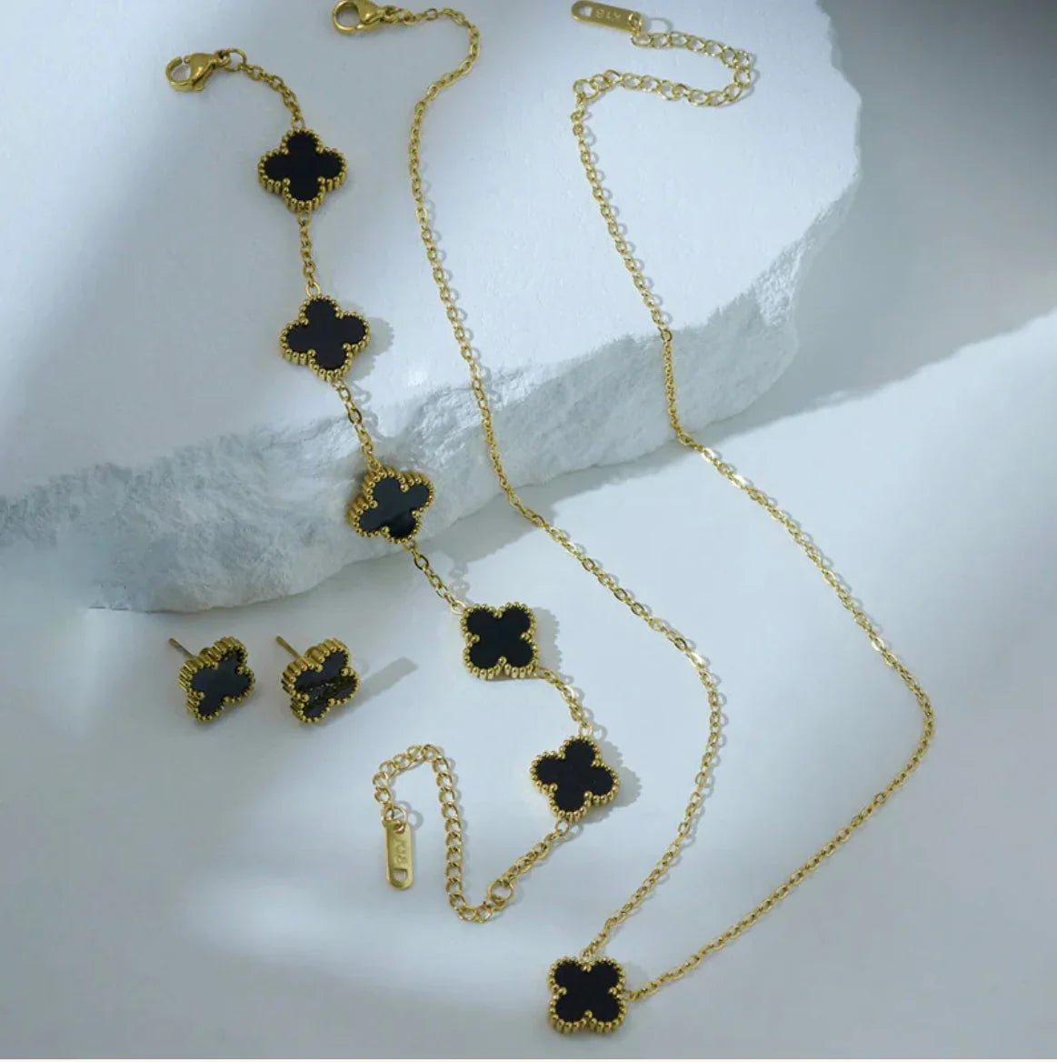 Stainless Steel Gold Plated Set Of Black Anti Tarnish Clover Jewellery Set For Girls And Women - ELL DESIGNS