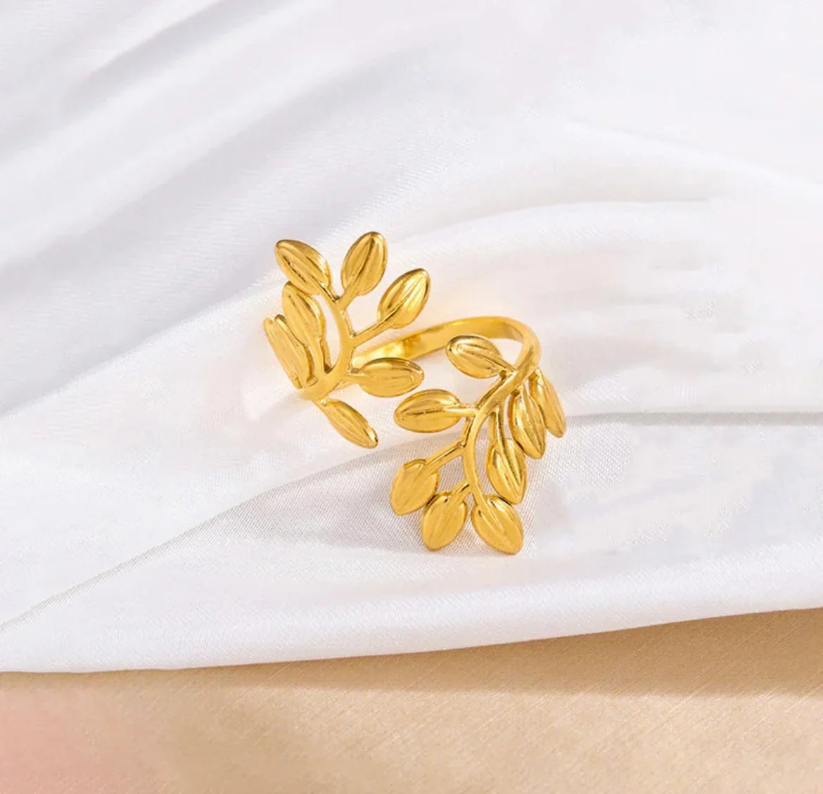 Gold Plated Anti Tarnish Stainless Steel Leaf Themed Adjustable Finger Ring - ELL DESIGNS