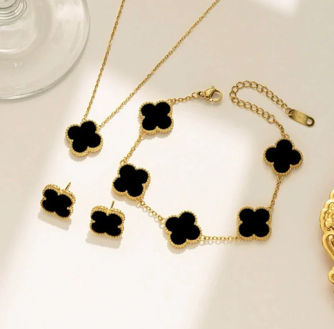 Stainless Steel Gold Plated Set Of Black Anti Tarnish Clover Jewellery Set For Girls And Women - ELL DESIGNS