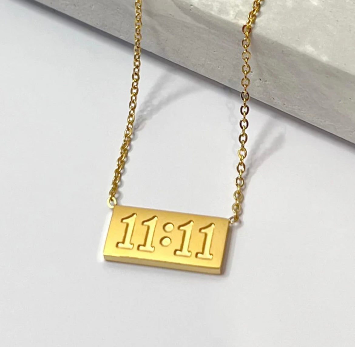 Gold 11:11 rectangular pendant necklace with delicate chain from ELL DESIGNS