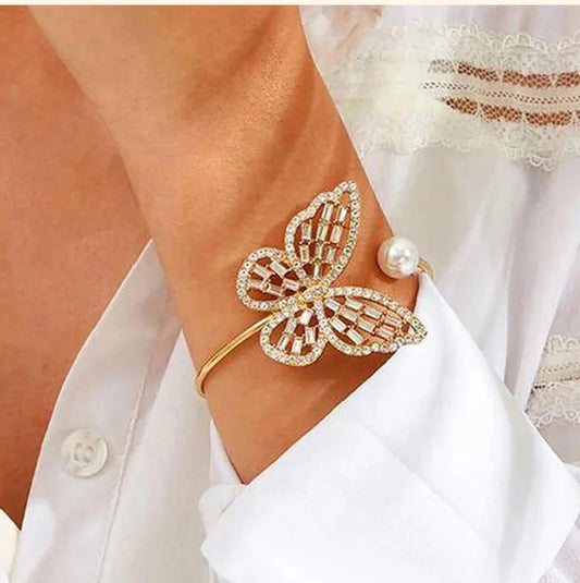 Gold Plated Butterfly inspired Stone Studded Korean Cuff Bracelet For Women and Girls - ELL DESIGNS