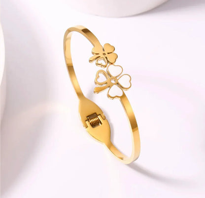 Stainless Steel Gold Plated Mother of Pearls Dual Flower Openable Floral Anti-Tarnish Bracelet For Women