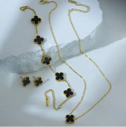 Stainless Steel Gold Plated Set Of Black Anti Tarnish Clover Jewellery Set For Girls And Women - ELL DESIGNS