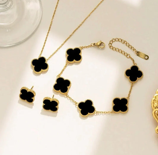 Stainless Steel Gold Plated Set Of Black Anti Tarnish Clover Jewellery Set For Girls And Women - ELL DESIGNS